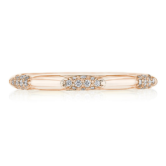 The Tacori Founders Collection 360 Foundation 18K Rose Gold Diamond Anniversary Ring features a sleek, tubular design adorned with three clusters of VS clarity diamonds arranged in a row. The iconic Tacori crescent signature enhances its modern and elegant appeal, subtly reflecting light.