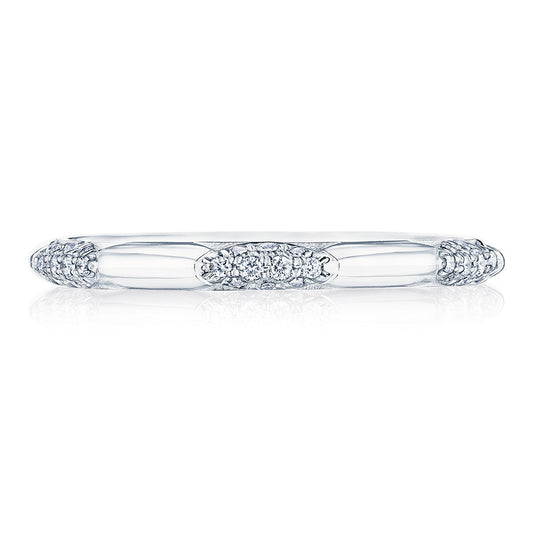 Introducing the Tacori Founders Collection 360 Foundation 18K White Gold Diamond Anniversary Ring. This elegant piece features diamond-intense clusters of G color diamonds set in a band, showcasing a modern and sophisticated design. The ring's polished and reflective surface highlights its sleek and refined appearance.