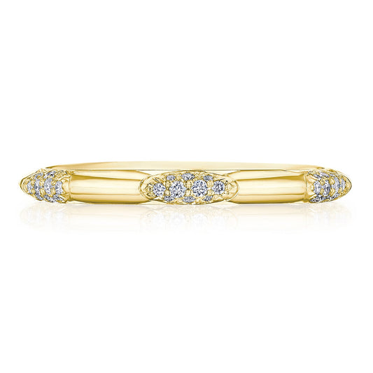 An 18K yellow gold eternity ring from the Tacori Founders Collection embodies a bamboo-inspired design, adorned with clusters of small diamonds that capture the timeless elegance reminiscent of a Tacori crescent.