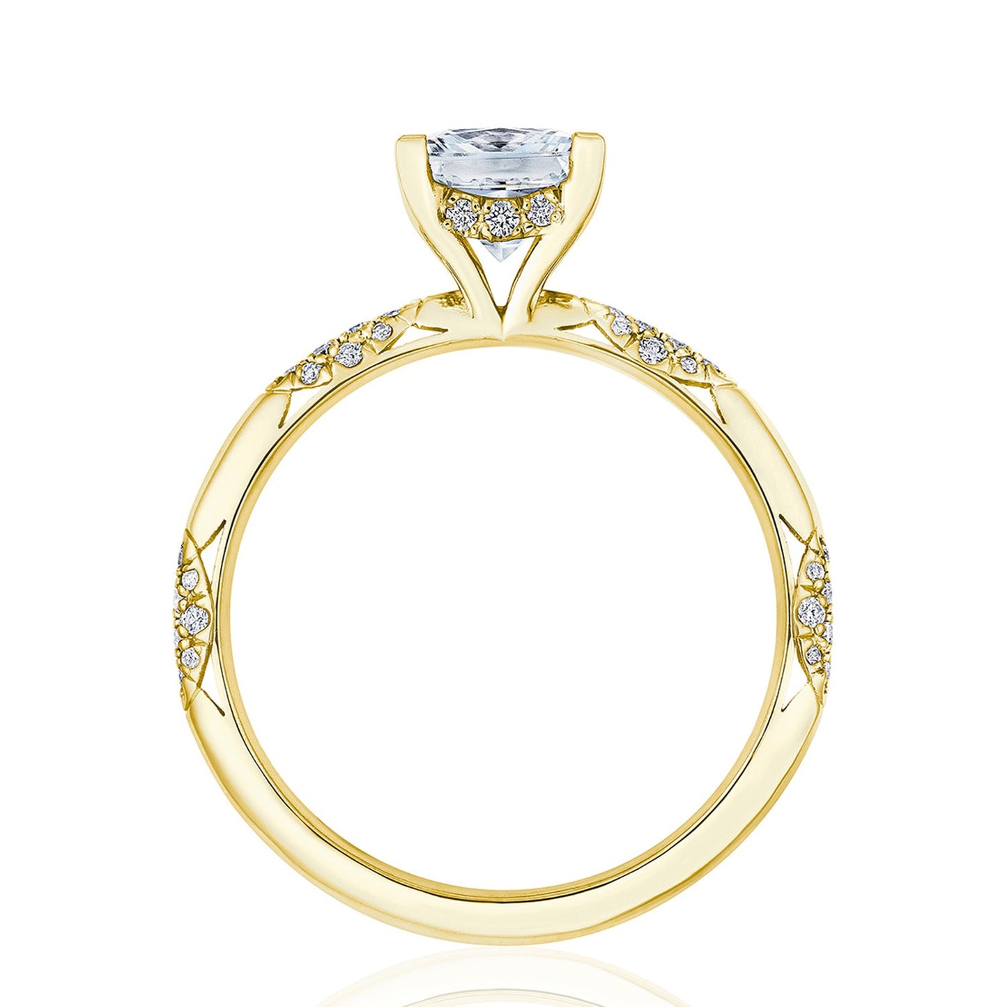 Explore the Tacori Founders Collection with this 18K Yellow Gold Princess Solitaire Semi-Mount Engagement Ring. It features a round diamond in a prong setting, capturing the essence of Tacori's crescent signature style. The band, echoing Tacori's wedding bands, is adorned with small diamond accents and intricate side detailing.