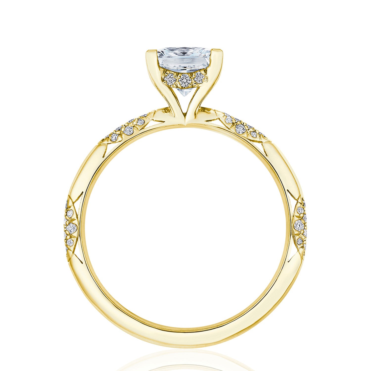 Explore the Tacori Founders Collection with this 18K Yellow Gold Princess Solitaire Semi-Mount Engagement Ring. It features a round diamond in a prong setting, capturing the essence of Tacori's crescent signature style. The band, echoing Tacori's wedding bands, is adorned with small diamond accents and intricate side detailing.