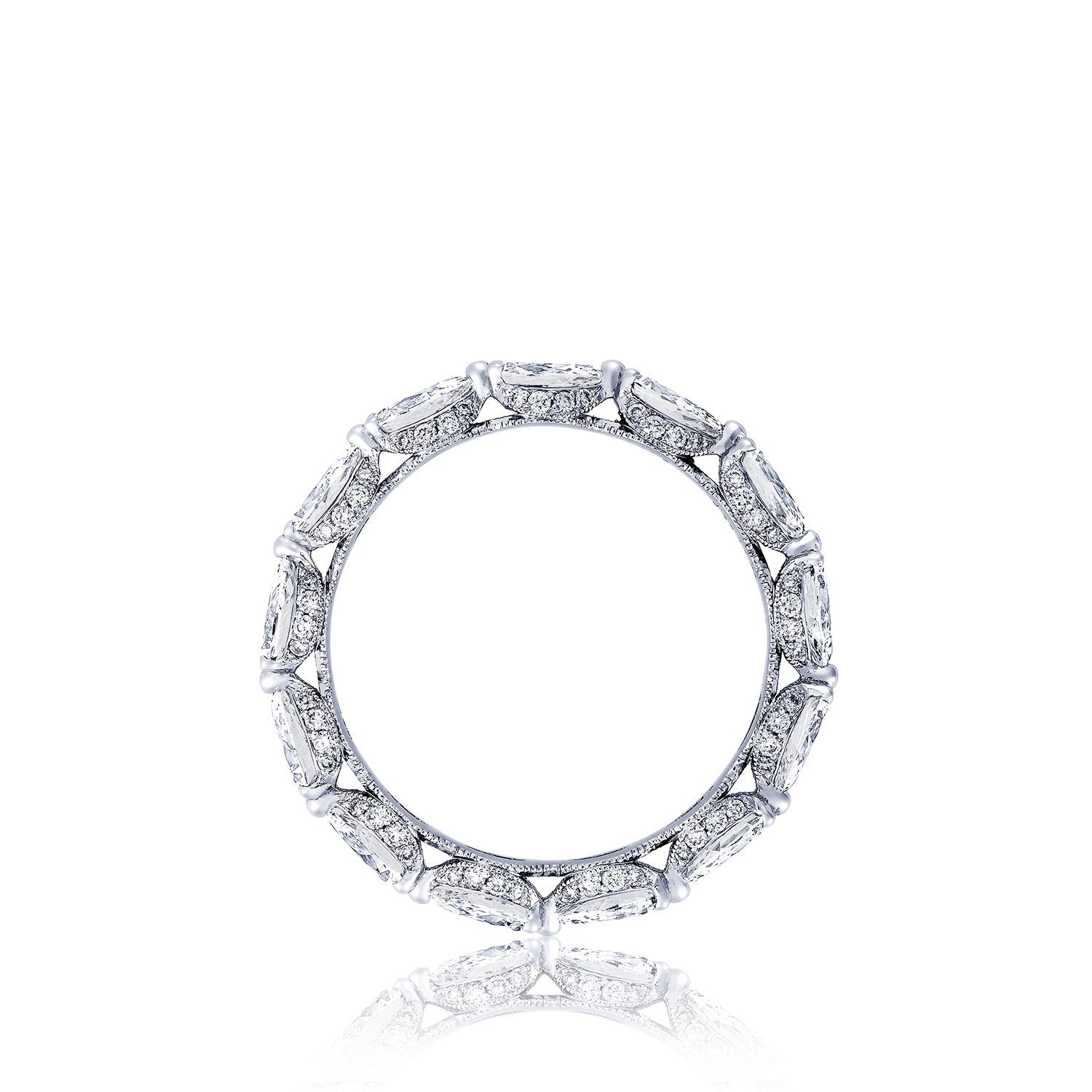 The Tacori Classic Crescent RoyalT Platinum Pear Diamond Anniversary Ring is a stunning silver piece that boasts a series of intricate rectangular links, each adorned with tiny, sparkling gemstones reminiscent of eternity bands. Expertly crafted by Tacori gemologists, it is displayed against a white background with a subtle reflection beneath it.