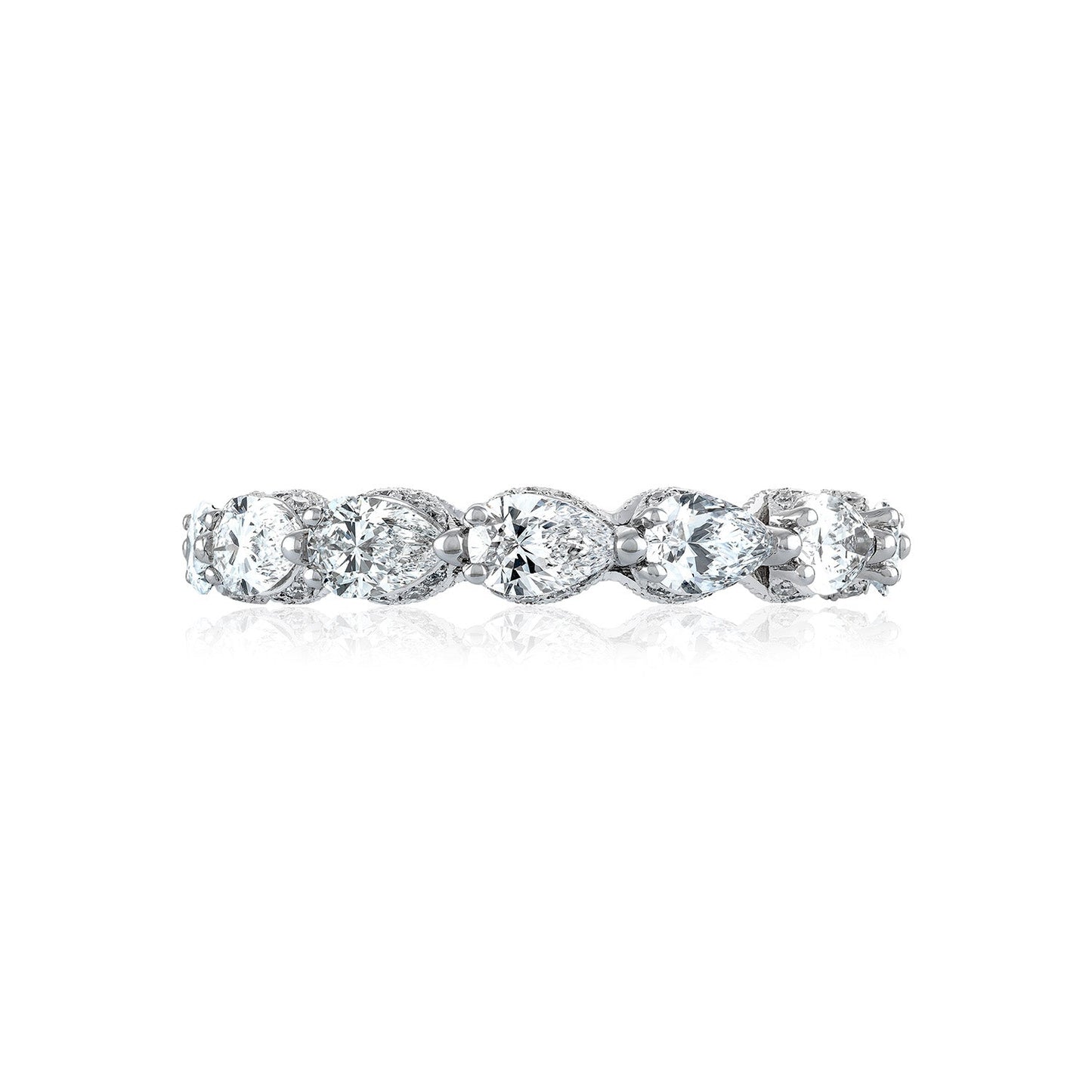 The Tacori Classic Crescent RoyalT Platinum Pear Diamond Anniversary Ring, crafted by Tacori, showcases a series of oval and pear-shaped clear diamonds that reflect light beautifully. Skillfully arranged by TACORI gemologists, the stones create a sparkling effect. Photographed against a white background, the ring is stunningly elegant.