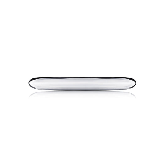 A minimalistic image of a thin, oval-shaped, reflective object captures the elegance of the Tacori Founder's Collection RoyalT High Polish Finish Platinum Anniversary Ring with Round Brilliant Diamond Accent. Its black and white sheen, possibly showcasing a side view of this exquisite piece from Tacori, is set against a plain white background.