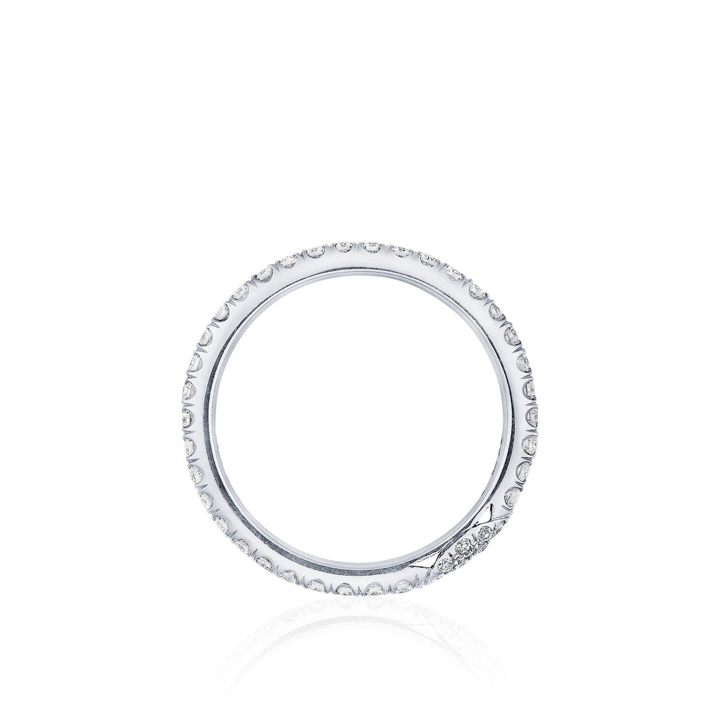 The Tacori Founder's Collection RoyalT Platinum Round Brilliant Single Row Pavé Diamond Eternity Ring features a stunning design with intricate detailing on the band and a small cluster of pavé-set diamonds, creating an exquisite piece against its platinum background. It's perfect for those seeking unique engagement rings.