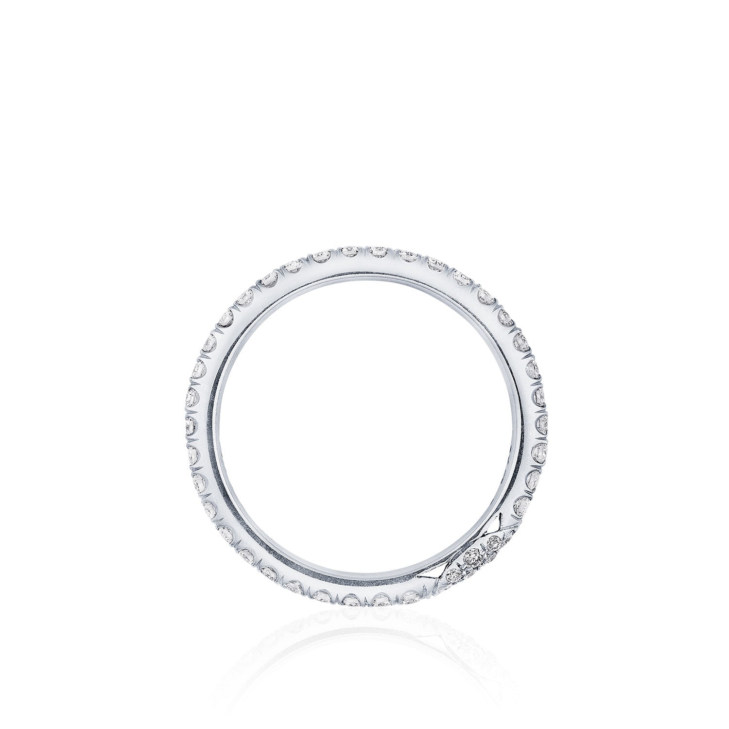 The Tacori Founder's Collection RoyalT Platinum Round Brilliant Single Row Pavé Diamond Eternity Ring features a stunning design with intricate detailing on the band and a small cluster of pavé-set diamonds, creating an exquisite piece against its platinum background. It's perfect for those seeking unique engagement rings.