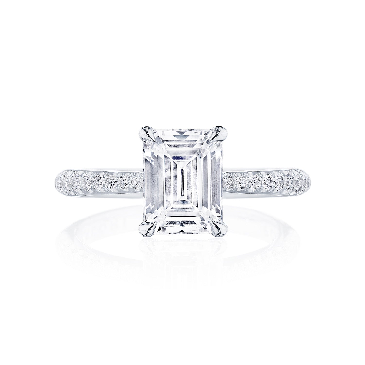 The Tacori Founder's Collection RoyalT Platinum Emerald Solitaire Semi Mount Engagement Ring showcases an elegant emerald-cut design with a diamond-encrusted band, set against a plain white background.
