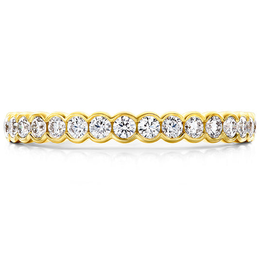 Introducing the Hearts On Fire Isabelle 18K Yellow Gold Bezel Round Brilliant Diamond Anniversary Ring, which elegantly showcases a row of round, brilliant diamonds encircling the band. Crafted in 18 karat yellow gold, the evenly spaced diamonds create a continuous sparkle with subtle glimpses of gold between each stone.