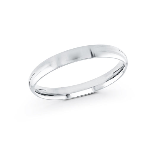 The Malo 10K White Gold 3mm Wedding Band by Malo, featuring a simple and polished design with a smooth surface, is showcased against a white background. This 10 karat ring boasts a classic rounded shape along with a reflective finish and is available in size 8.