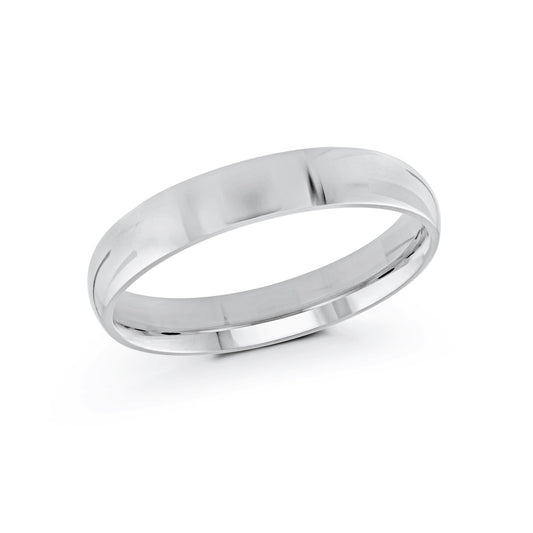 The Malo 10K White Gold Wedding Band features a classic 4mm design, showcasing a smooth, polished surface set against a plain white background. The unadorned style embodies timeless elegance.