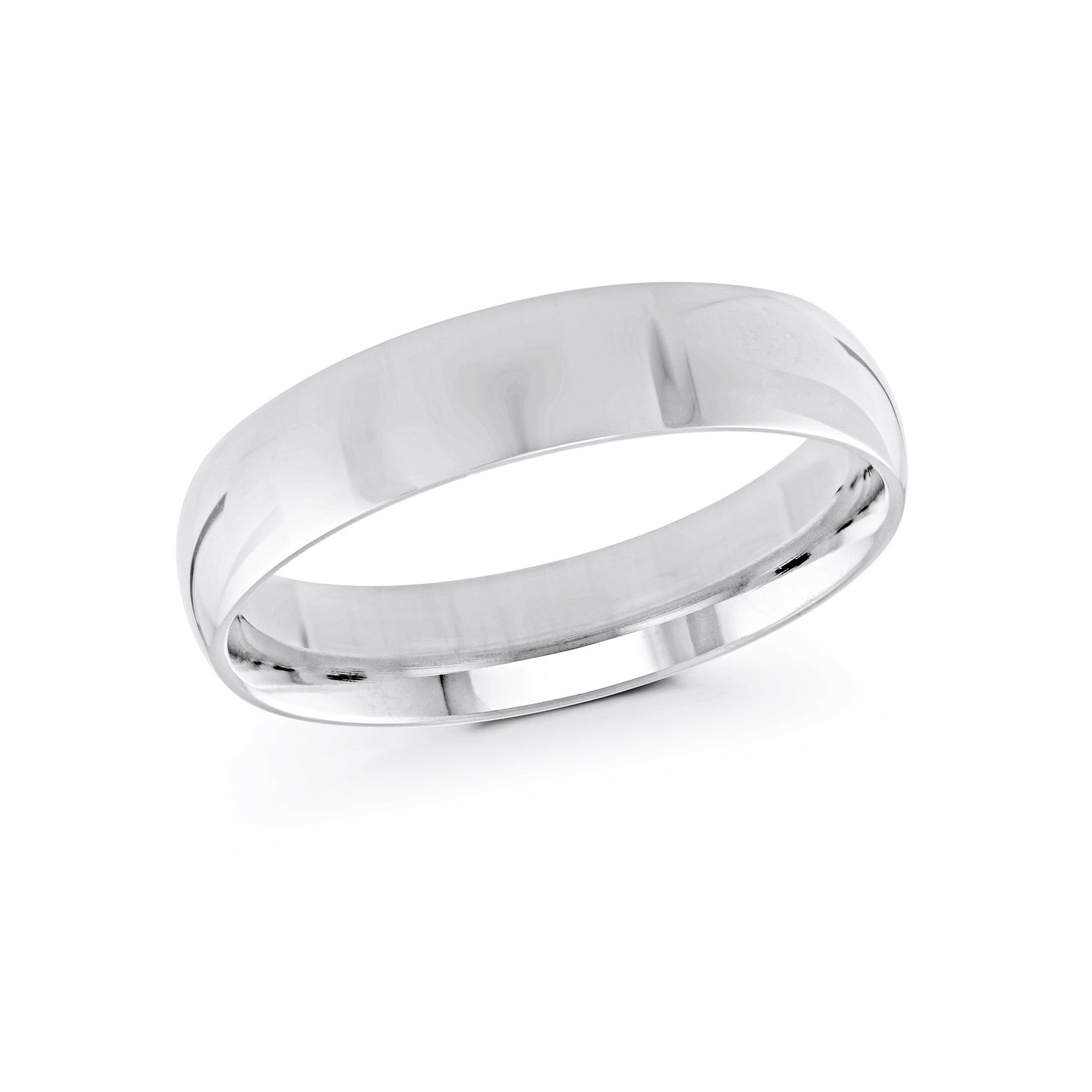 A refined Malo 10K White Gold 5mm wedding band, showcasing a sleek surface, set against a white background.