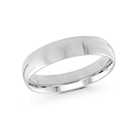 This 10K white gold wedding band from Malo, featuring a sleek and polished surface with a timeless design, is set against a white background.