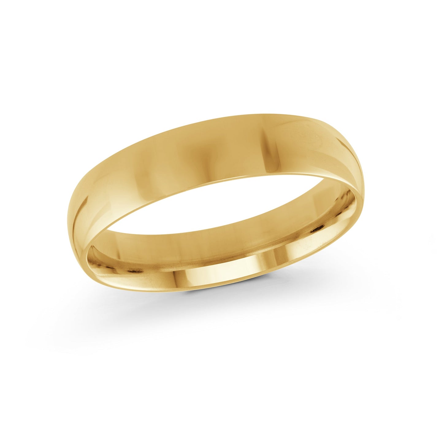 The Malo 10K Yellow Gold 5mm Wedding Band, boasting a smooth and reflective surface, is positioned at an angle against a white background.