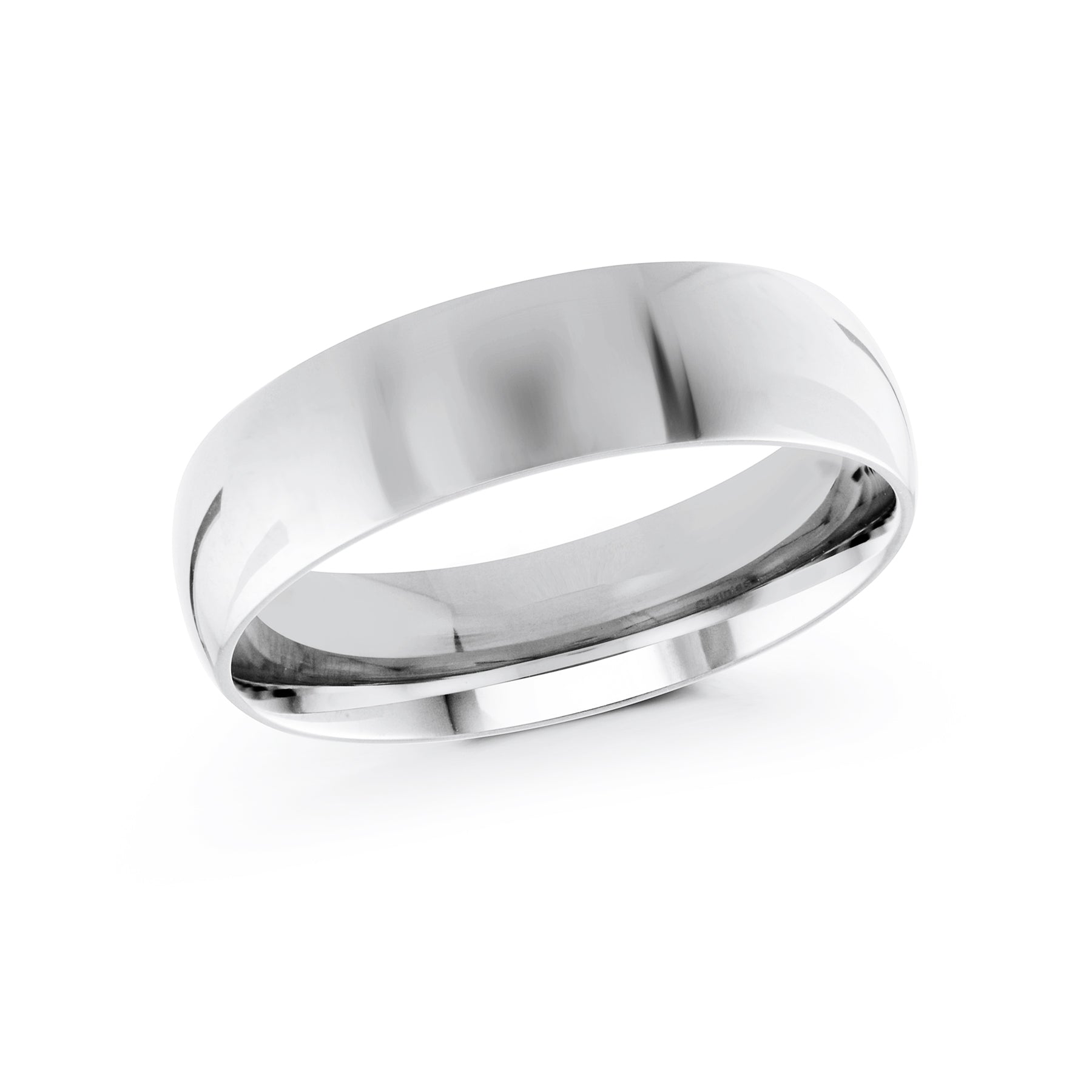 The Malo 10K White Gold 6mm Wedding Band is displayed against a pristine white background, showcasing its sleek and polished surface. The ring beautifully reflects light, emphasizing its elegant and refined design. Crafted from 10 karat white gold, this circular band embodies simplicity, making it an ideal choice for a wedding band.