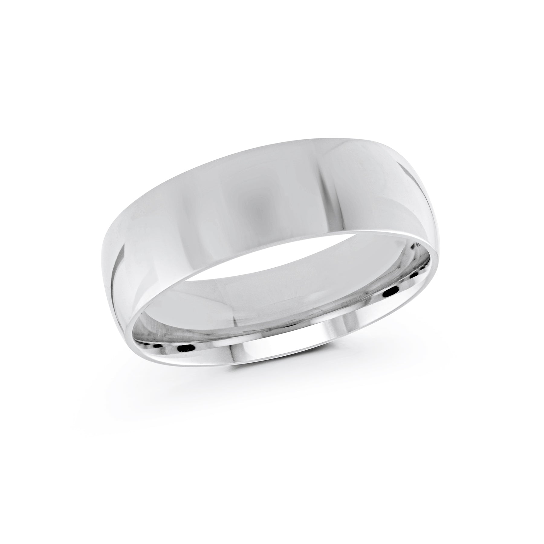 Displayed against a plain white backdrop is the Malo 10K White Gold 7mm Wedding Band, showcasing its sleek and polished surface. The simple yet elegant design reflects light, emphasizing its sophisticated appearance.
