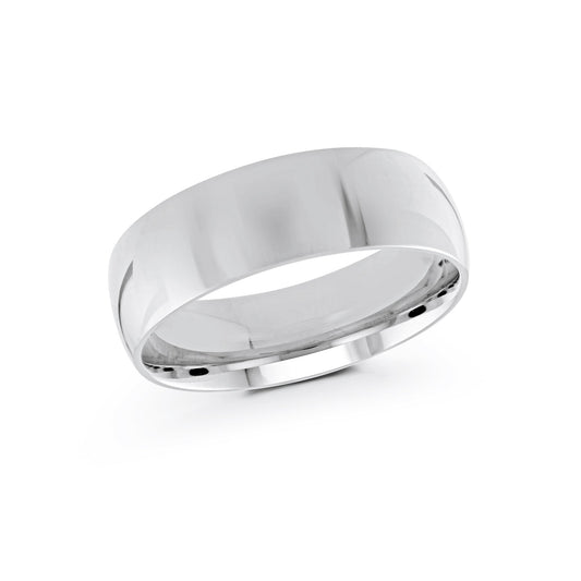 Displayed against a plain white backdrop is the Malo 10K White Gold 7mm Wedding Band, showcasing its sleek and polished surface. The simple yet elegant design reflects light, emphasizing its sophisticated appearance.