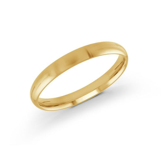 The Malo Polished 14K Yellow Gold Wedding Band features a sleek and glossy finish. The ring, showcased from a slightly tilted angle against a white background, emphasizes its slim and elegant design.