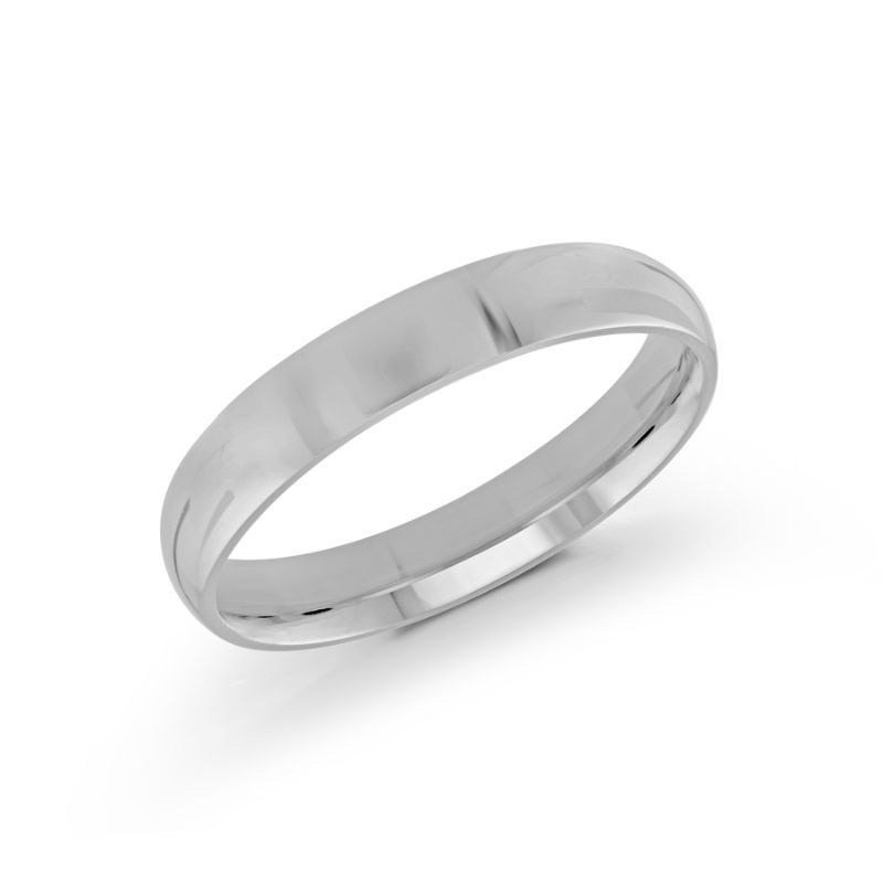 The Malo Polished 10K White Gold Wedding Band, crafted with precision, gleams brilliantly against a plain white background. This wedding band from Malo features an elegant and classic domed design without any additional embellishments.