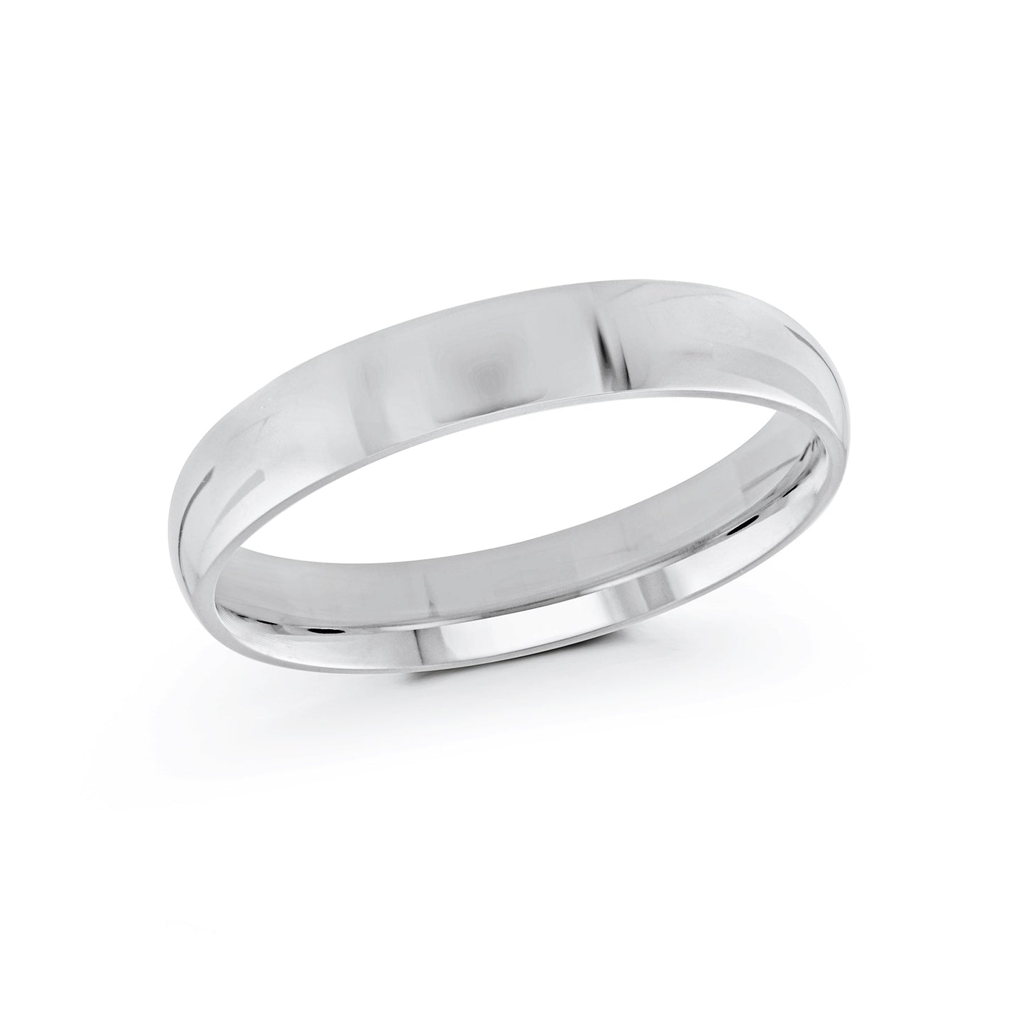 The Malo 10K White Gold 4mm Wedding Band, known for its simple and polished design, is showcased against a plain white background.