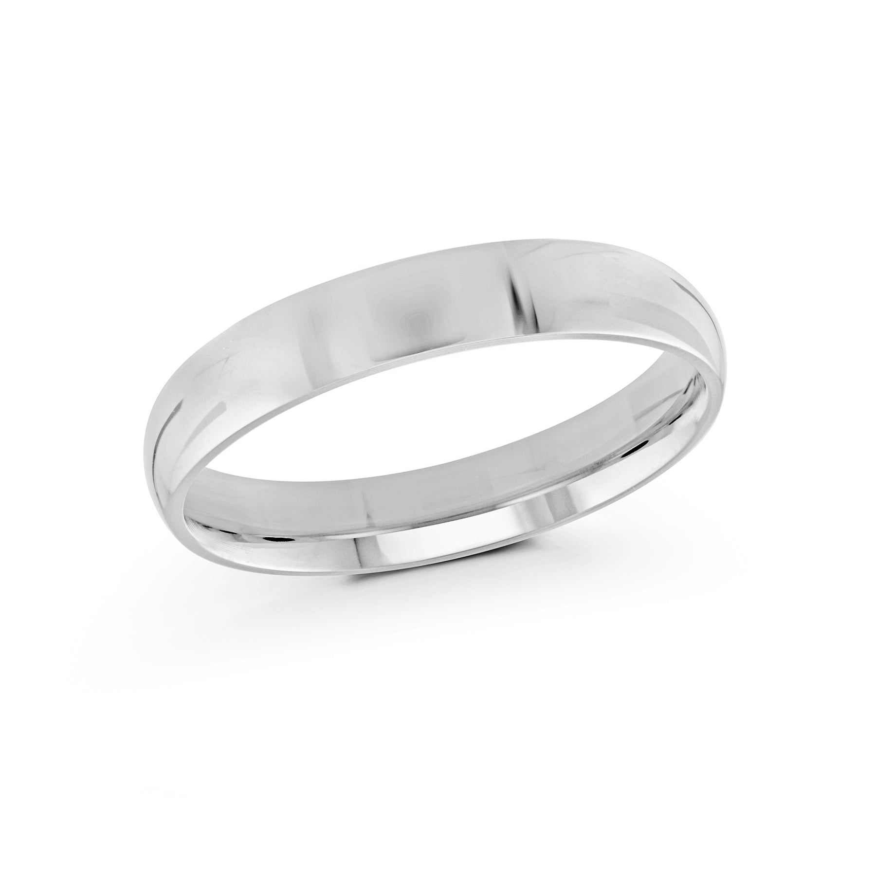 The Malo 10K White Gold 4mm Wedding Band, known for its simple and polished design, is showcased against a plain white background.