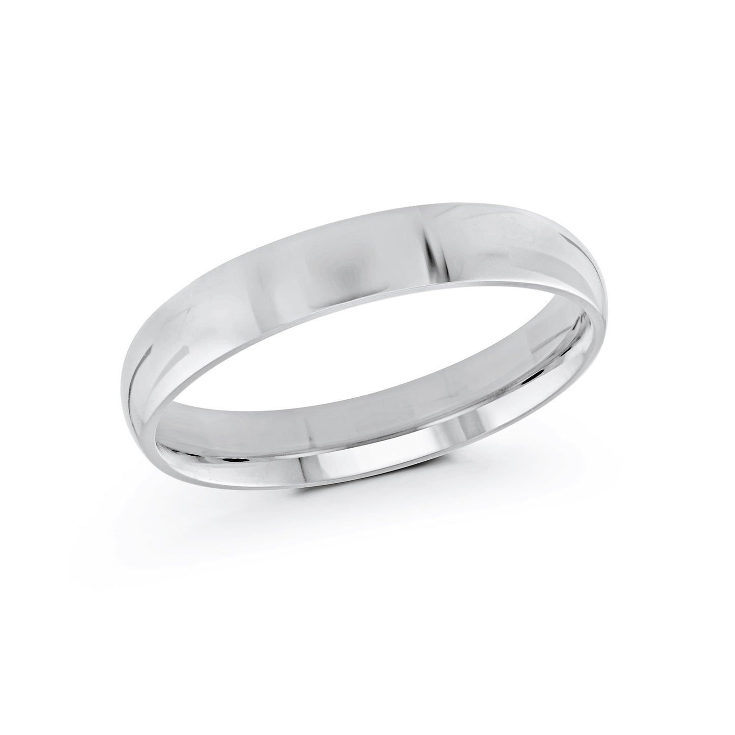 Introducing the Malo 10K White Gold Wedding Band, a 4mm ring with a sleek, polished design. This elegant band subtly reflects light, offering a simple yet refined look against a plain white backdrop.