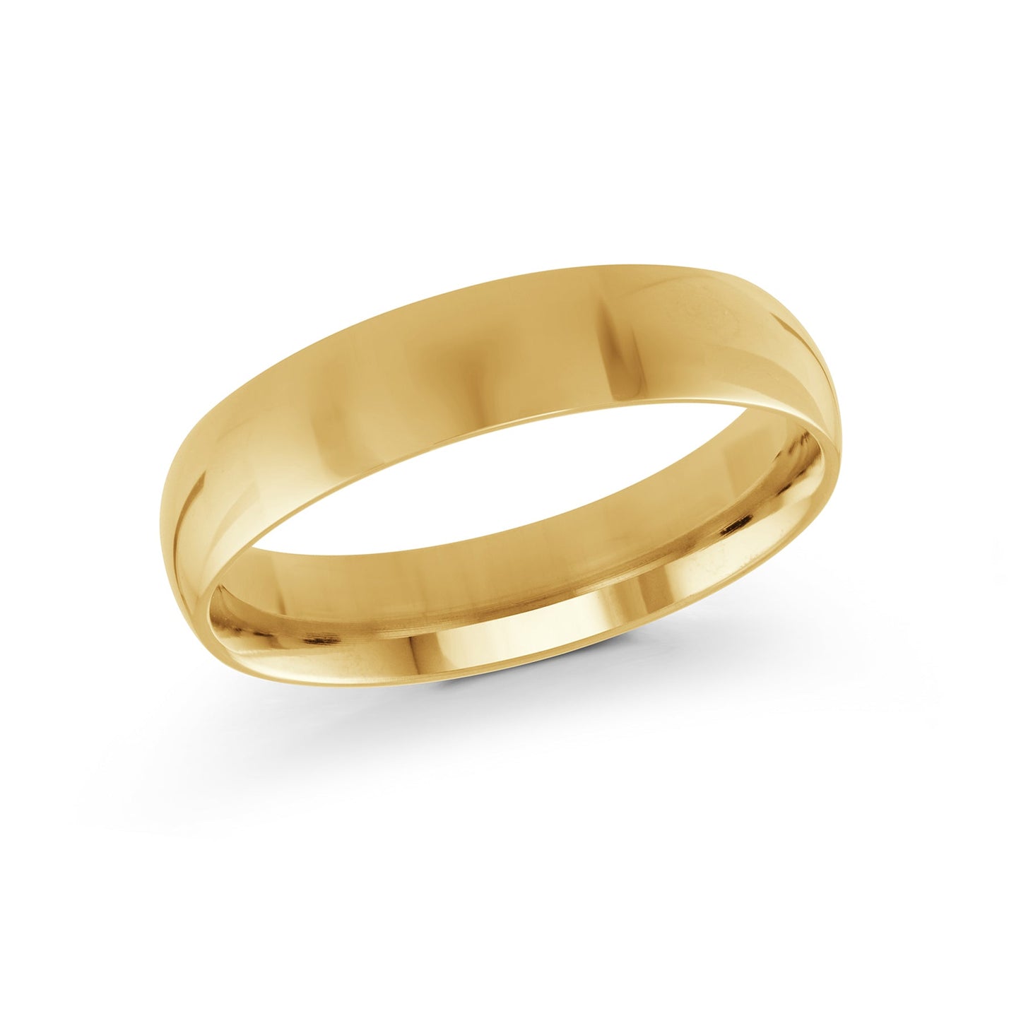 The Malo 10K Yellow Gold 5mm Wedding Band showcases a smooth, shiny surface set against a plain white background, highlighting its polished finish.