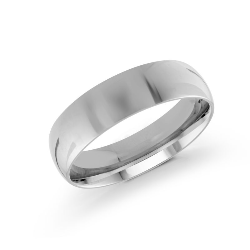 The Malo Polished 10K White Gold Wedding Band, a sleek and elegant 6mm silver ring, is showcased on a white background to highlight its refined and minimalist design.