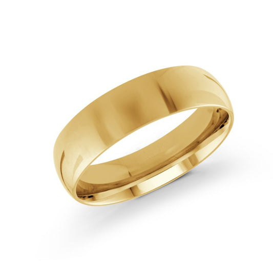 A polished Malo 14K yellow gold wedding band is displayed against a white background, highlighting its smooth and shiny 6mm width.