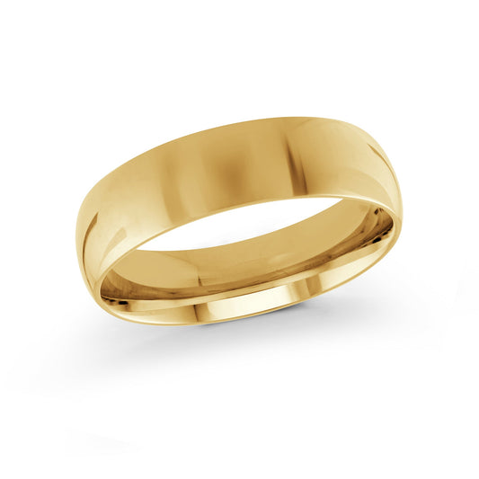 The Malo 14K Yellow Gold 6mm Wedding Band, renowned for its simple and elegant design, gleams with a smooth surface against a plain white background, drawing attention to its alluring style in size 8.
