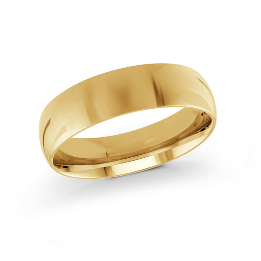 The Malo 10K Yellow Gold 6mm Wedding Band shines with a sleek, polished finish, elegantly poised on a pristine white backdrop.