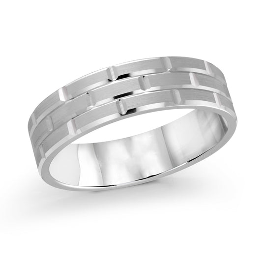 The Malo 14K White Gold 6mm Wedding Band boasts a sleek silver appearance with a brushed finish and geometric ridges. Parallel, raised rectangles offer a modern, textured look, and the polished interior completes the design. It's available in size 10.