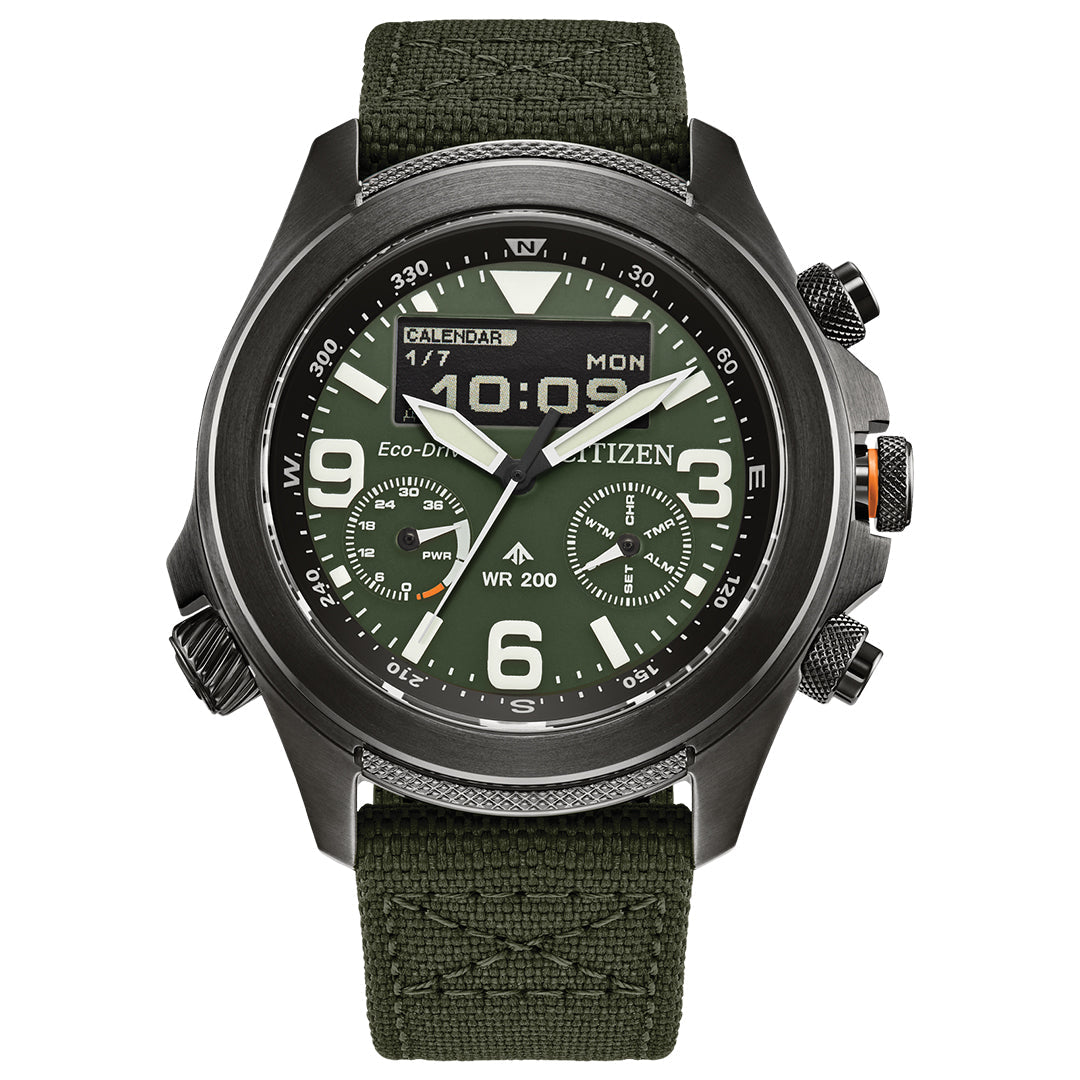 The CITIZEN Promaster Land U822 Eco-Drive 43.9mm watch offers a green face, black case, digital time and date display, two subdials, a textured green fabric strap with multiple side buttons, and water resistance of WR 200.