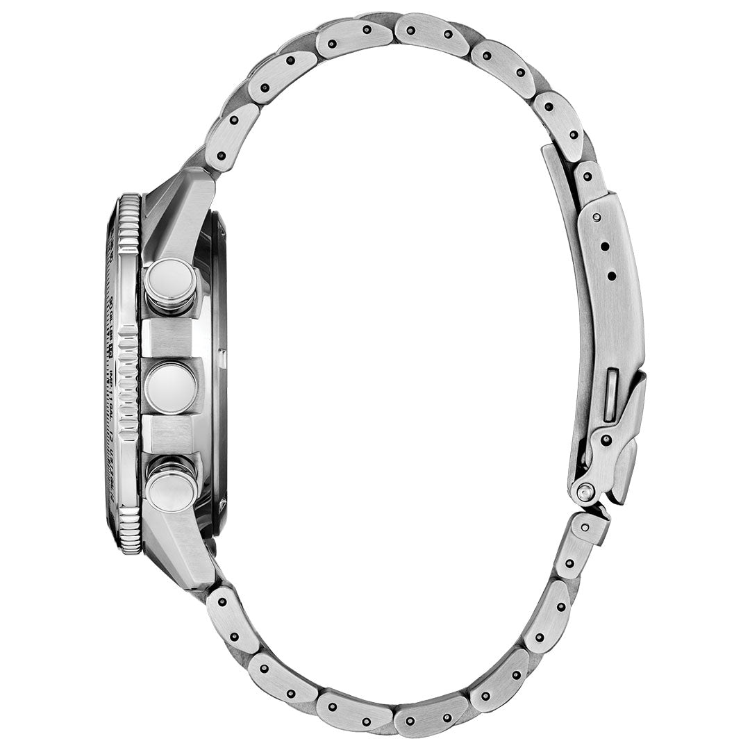 Side view of the CITIZEN Promaster Skyhawk U830 Eco-Drive 43mm Watch showing its stainless steel linked bracelet, three prominent side buttons, visible clasp, and detailed construction.