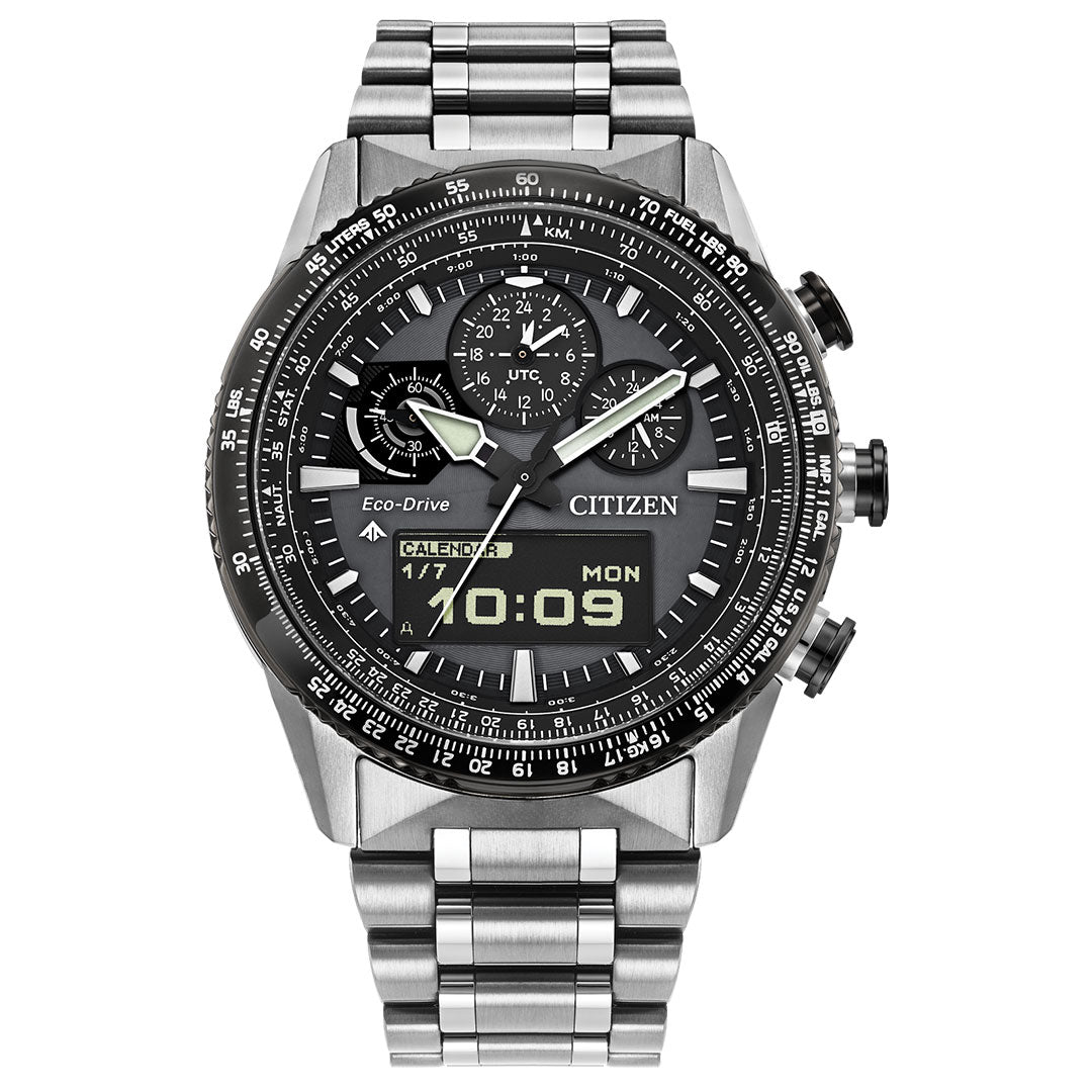 The CITIZEN Promaster Skyhawk U830 Eco-Drive 43mm Watch features a stainless steel case, black analog-digital dial, multiple subdials, metal link bracelet, and displays the time 10:09 and Monday, 17th.