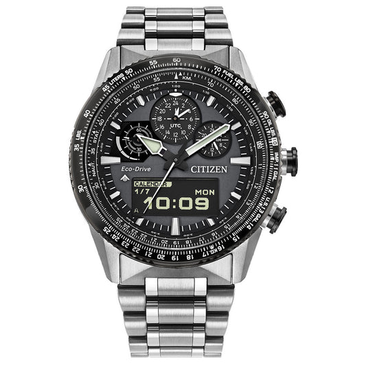 The CITIZEN Promaster Skyhawk U830 Eco-Drive 43mm Watch features a stainless steel case, black analog-digital dial, multiple subdials, metal link bracelet, and displays the time 10:09 and Monday, 17th.