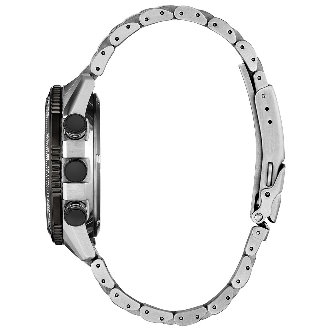 Side view of the CITIZEN Promaster Skyhawk U830 Eco-Drive 43mm Watch with a stainless steel case, metal band, clasp, and two prominent buttons on the case. The watch face is not visible.