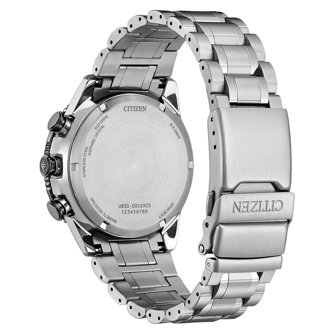 Back view of the CITIZEN Promaster Skyhawk U830 Eco-Drive 43mm watch with stainless steel link band, featuring an engraved case back with model details and the CITIZEN logo on the clasp.