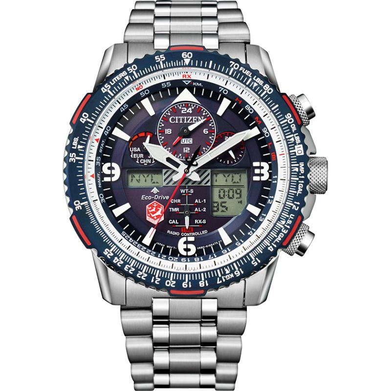 The CITIZEN Promaster Skyhawk A-T Eco-Drive 46mm Watch features advanced Eco-Drive technology, blending a silver metal band with an eye-catching blue and red bezel. Its analog display includes multiple dials and digital screens, showcasing a sophisticated and multifunctional design.