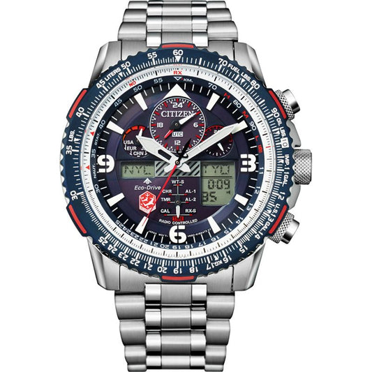 The CITIZEN Promaster Skyhawk A-T Eco-Drive 46mm Watch features advanced Eco-Drive technology, blending a silver metal band with an eye-catching blue and red bezel. Its analog display includes multiple dials and digital screens, showcasing a sophisticated and multifunctional design.