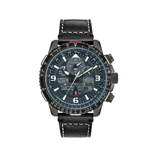 The CITIZEN Promaster Skyhawk A-T Eco-Drive 46mm Watch is a stylish black timepiece featuring a detailed face with multiple dials and digital displays. The bezel includes a variety of markings, and the black leather strap features white stitching. It offers accurate atomic timekeeping.