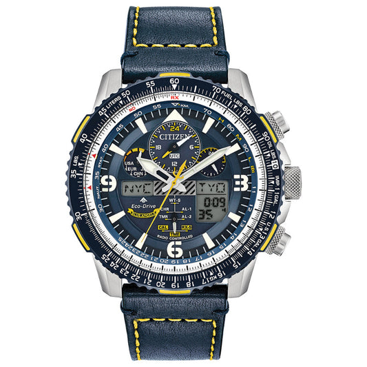 The CITIZEN Promaster Skyhawk A-T Atomic Time Keeping Eco-Drive 45mm Watch showcases Eco-Drive technology and a sophisticated black face adorned with multiple dials and digital displays. Paying homage to the Blue Angels, it includes a blue leather strap with yellow stitching, complemented by silver side buttons and markings for various time zones and measurements.
