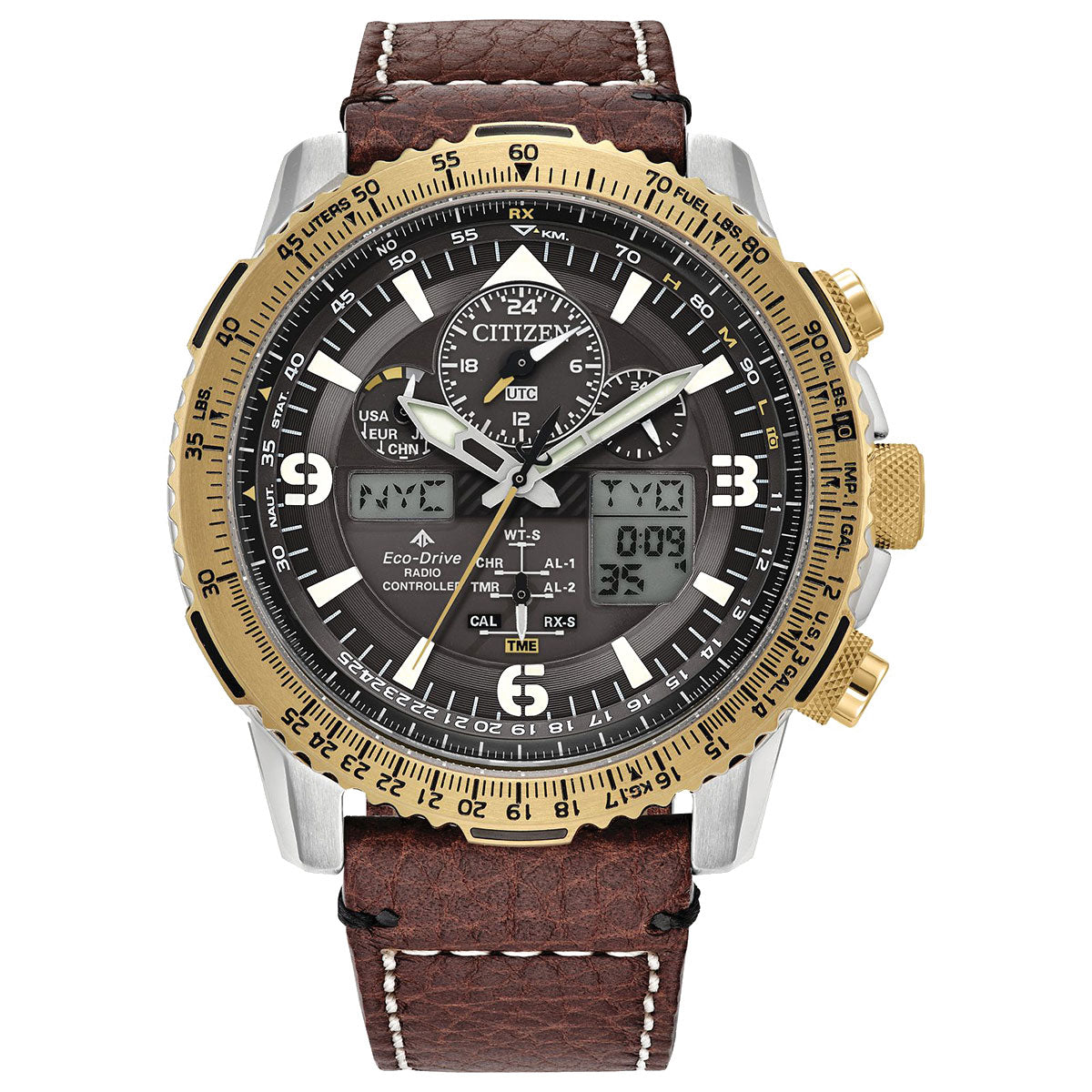 A CITIZEN Promaster Skyhawk A-T Eco-Drive 45mm watch featuring a brown leather strap, a black and gold bezel, and multiple dials with both analog and digital displays for time, date, and chronograph functions.