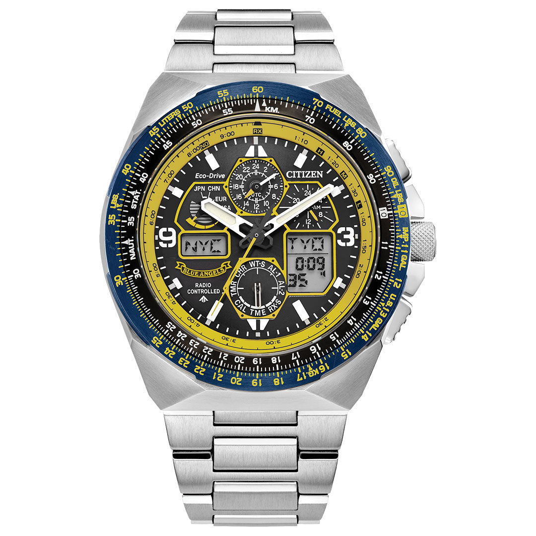 The CITIZEN Promaster Skyhawk A-T Eco-Drive 46mm Watch features Blue Angels-inspired blue and yellow accents, analog/digital displays, world time (e.g., "NYC"), atomic time sync, multiple dials, and a stainless steel link band.