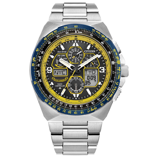 The CITIZEN Promaster Skyhawk A-T Eco-Drive 46mm Watch features Blue Angels-inspired blue and yellow accents, analog/digital displays, world time (e.g., "NYC"), atomic time sync, multiple dials, and a stainless steel link band.