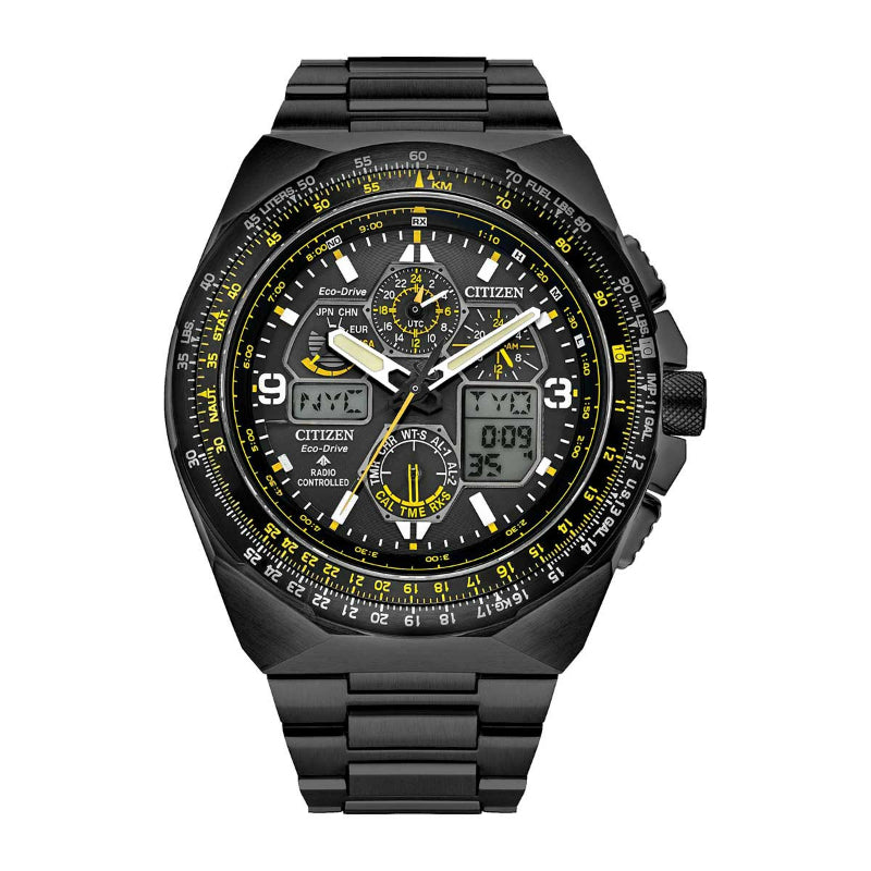 The CITIZEN Promaster Skyhawk A-T Eco-Drive 46mm Watch in black highlights its advanced Eco-Drive technology and a detailed analog-digital display, complete with multiple subdials, digital windows, and striking yellow accents. Its stainless steel link band pairs elegantly with the textured bezel that features intricate markings, creating a sophisticated appearance.