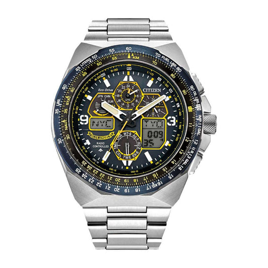 The CITIZEN Blue Angels Promaster Skyhawk A-T Eco-Drive 45mm Watch showcases a stainless steel band and a sophisticated black dial featuring both analog and digital displays. Enhanced with Eco-Drive technology, it includes multiple subdials, yellow accents, and a striking silver bezel. The watch displays "NYC" along with the digital time.