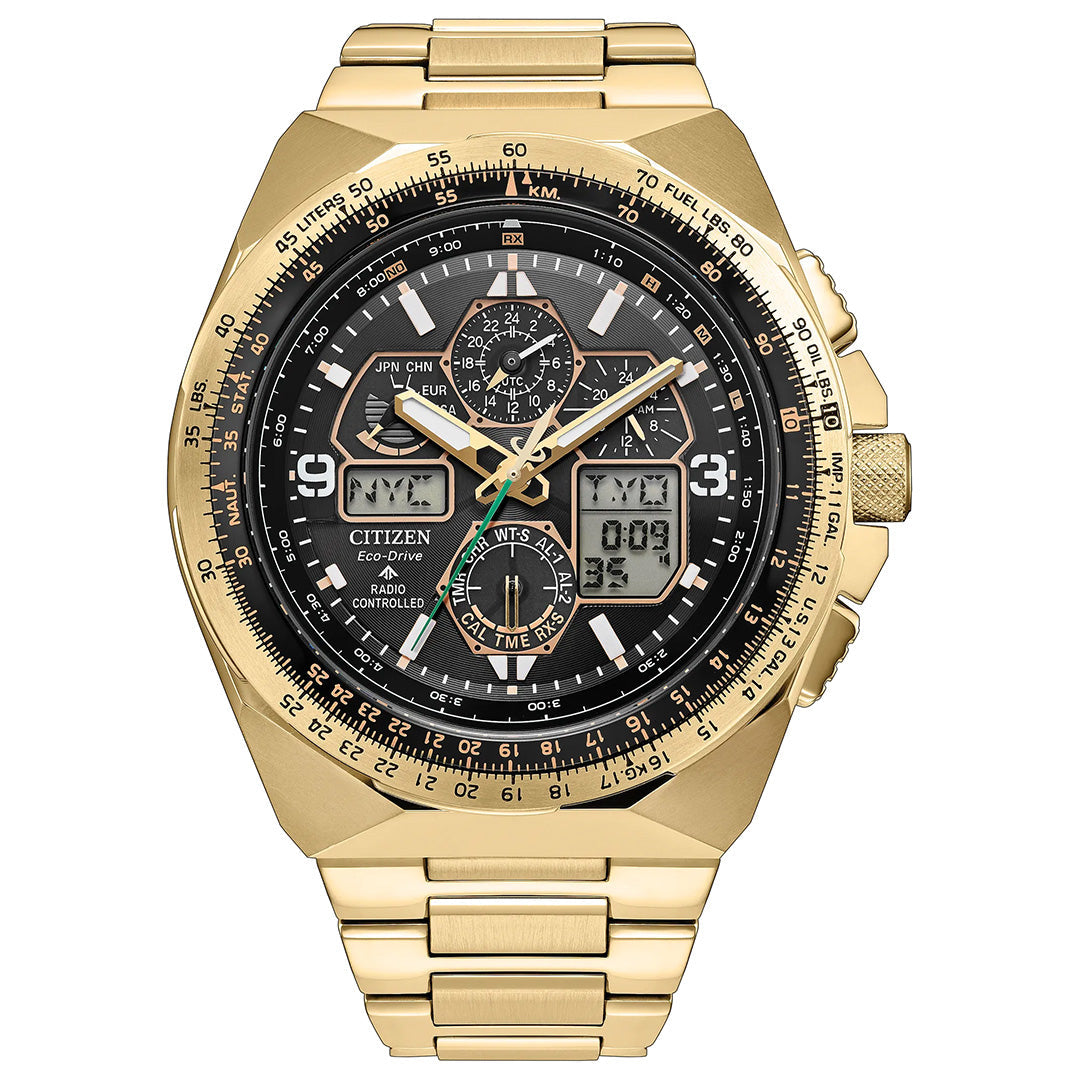 The CITIZEN Promaster Skyhawk A-T Eco-Drive 46mm Limited Edition watch (only 5,200 pieces), crafted in gold tone, features both analog and digital displays, multiple subdials, a labeled rotating bezel, and a black dial. It offers advanced world time and chronograph functions with precise atomic timekeeping.