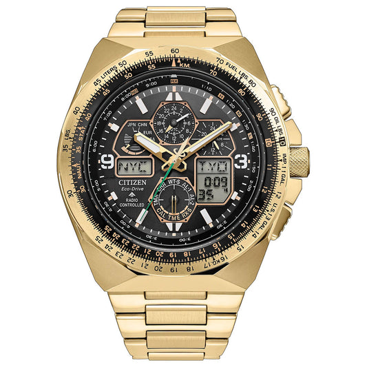 The CITIZEN Promaster Skyhawk A-T Eco-Drive 46mm Limited Edition watch (only 5,200 pieces), crafted in gold tone, features both analog and digital displays, multiple subdials, a labeled rotating bezel, and a black dial. It offers advanced world time and chronograph functions with precise atomic timekeeping.