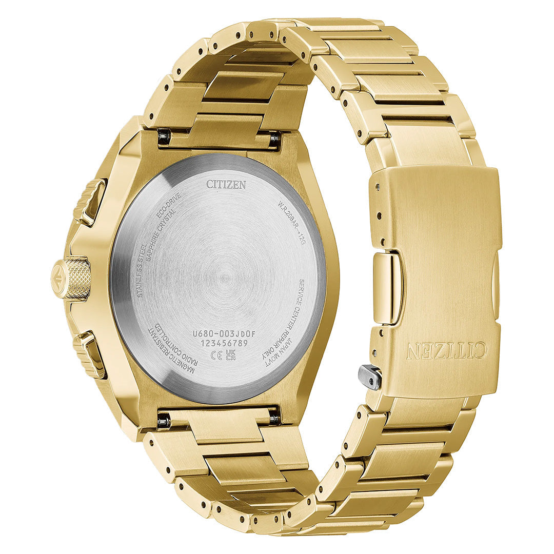 Gold CITIZEN Promaster Skyhawk A-T Eco-Drive 46mm Limited Edition watch shown from the back, highlighting its stainless steel caseback with engraved details and gold metal link band with clasp. The clasp features the CITIZEN logo—a hallmark shared across iconic watches like this limited edition model, celebrated for its advanced precision atomic timekeeping.