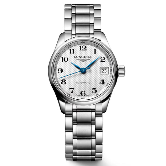 The Longines Master Collection Automatic 25.5mm Watch by Longines features a silver-tone design with a white textured dial, striking blue hands, black Arabic numerals, a date window at 3 o’clock, and a stainless steel bracelet—capturing refined elegance and timeless craftsmanship in every detail.
